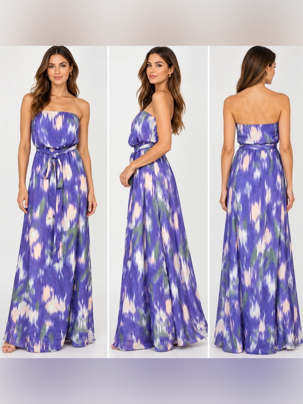 Shoshanna Purple Watercolor Silk Strapless Maxi Dress Size 4 Belted Y2K